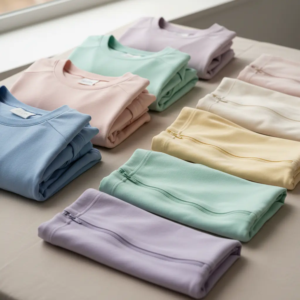 Prendas de ropa adaptativa dobladas ordenadamente en tonos pastel