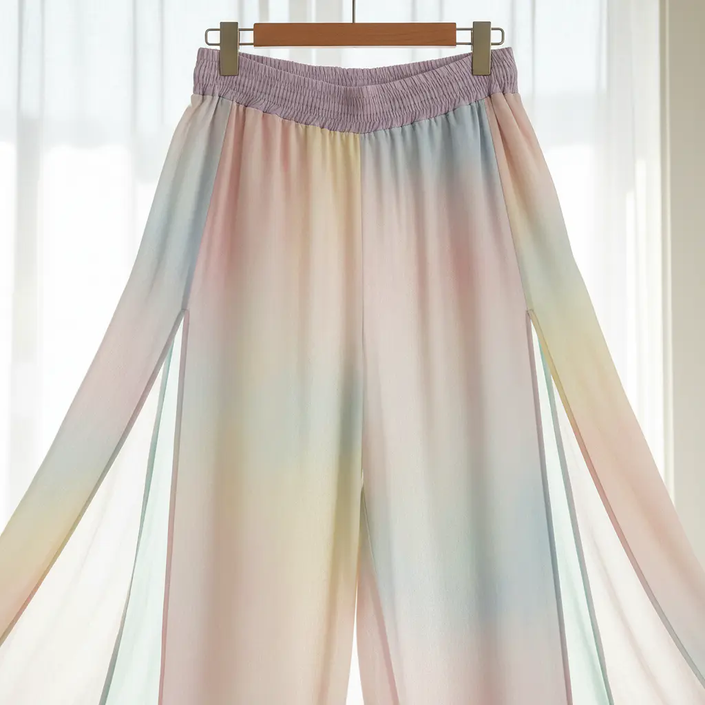 Detalle de un pantalón con cintura elástica y aperturas laterales