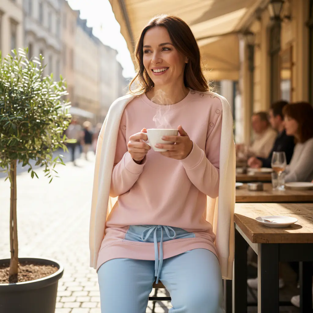 Persona relajada tomando un café vistiendo ropa de estar por casa cómoda